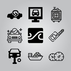 Simple 9 icon set of electronics related waves, radiator, repairing car and car air vector icons. Collection Illustration