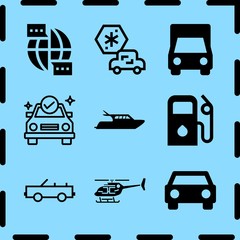 Simple 9 icon set of travel related delivery truck, car, large boat and fuel vector icons. Collection Illustration