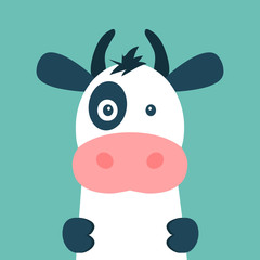 Fototapeta premium Cute cow isolated on blue background. Vector illustration in cartoon flat design style.