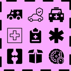 Simple 9 icon set of medicine related box, emergency medical vehicle, pressure and bone vector icons. Collection Illustration