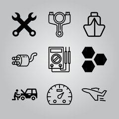 Simple 9 icon set of electronics related exhaust, cells, car repair and repair wrenches vector icons. Collection Illustration