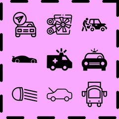 Fototapeta premium Simple 9 icon set of car related car repair, car, racing car with side skirts and truck vector icons. Collection Illustration
