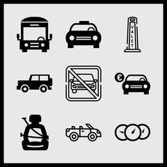 Simple 9 icon set of car related car with euro symbol, valet, no parking and bus front vector icons. Collection Illustration