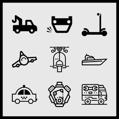 Simple 9 icon set of car related luxury yacht, overturned vehicle, airplane and truck with hook lift vector icons. Collection Illustration