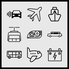 Simple 9 icon set of car related cargo ship, plane, limousine side view and battery vector icons. Collection Illustration