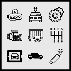 Simple 9 icon set of car related car on tablet, gears, car side shape and submarine vector icons. Collection Illustration