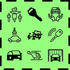 Simple 9 icon set of service related car parts, car wash, car locked and car washing machine vector icons. Collection Illustration