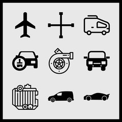 Simple 9 icon set of car related car parts, van, airplane and mini van vector icons. Collection Illustration