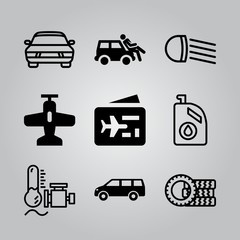 Simple 9 icon set of transport related fuel, headlight, accident and plane vector icons. Collection Illustration