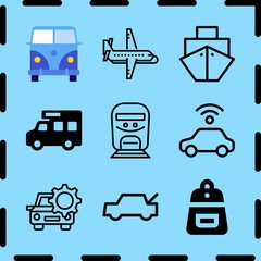 Simple 9 icon set of travel related trunk, car, airplane and trailer car vector icons. Collection Illustration