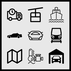 Simple 9 icon set of car related engine, cable car, navigation and private garage vector icons. Collection Illustration