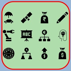 Simple 12 icon set of business related insurance, time management, robotic arm and pencil vector icons. Collection Illustration