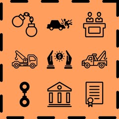 Simple 9 icon set of legal related law, courthouse, handcuff and handcuffs vector icons. Collection Illustration