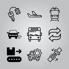 Simple 9 icon set of transport related seatbelt, flying airliner, transfer and car tire blowout vector icons. Collection Illustration