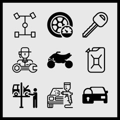 Simple 9 icon set of car related car locked, key, spray gun and jerrycan vector icons. Collection Illustration