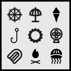 Simple 9 set of Summer related inflatable boat top view, small fan, jellyfish and hook vector icons