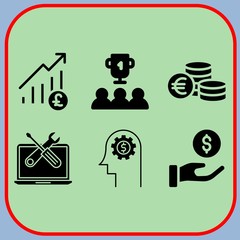 Simple 6 icon set of business related trophy, tools, euro and profits vector icons. Collection Illustration