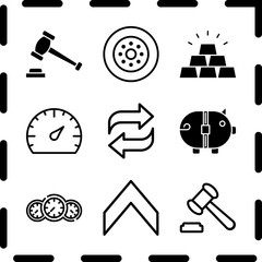 Simple 9 icon set of finance related wheel, auction, dashboard and up arrow vector icons. Collection Illustration