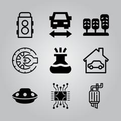 Simple 9 icon set of electronics related exhaust pipe, circuit, garage and flask vector icons. Collection Illustration