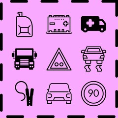 Simple 9 icon set of car related car, car, ambulance and traffic signal vector icons. Collection Illustration