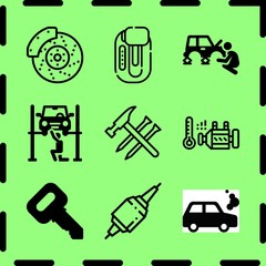 Simple 9 icon set of service related brake disc, car repair, hammer and car engine vector icons. Collection Illustration