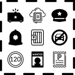 Simple 9 icon set of law related wanted, police cap, police cap and jail vector icons. Collection Illustration