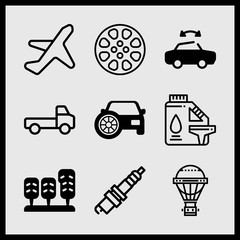 Simple 9 icon set of car related spark plug, pickup truck, pedals and airplane vector icons. Collection Illustration