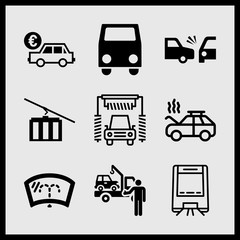 Simple 9 icon set of car related wash, cable car, frontal van and side crash vector icons. Collection Illustration