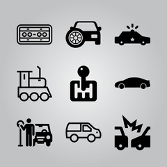 Simple 9 icon set of transport related parking, car, personal car side view silhouette and car vector icons. Collection Illustration