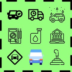 Simple 9 icon set of service related van, delivery truck, gearshift and car wash vector icons. Collection Illustration