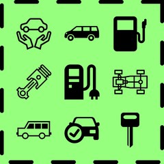 Simple 9 icon set of service related gasoline, van, checked car and chassis vector icons. Collection Illustration