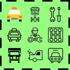 Simple 9 icon set of service related piston, taxi, truck and truck front view vector icons. Collection Illustration