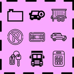 Simple 9 icon set of car related truck front, water tank for vehicles, car repair and trailer vector icons. Collection Illustration