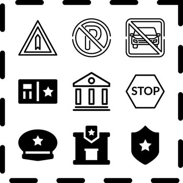 Simple 9 icon set of law related traffic sign, stop, no parking and police badge vector icons. Collection Illustration
