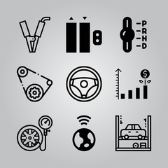 Obraz premium Simple 9 icon set of electronics related car, steering wheel, battery and tire vector icons. Collection Illustration