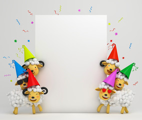 Cute cartoon sheep smile wearing colorful party hat. Design creative concept of islamic celebration eid adha or happy birthday. Copy space text. 3d rendering illustration.