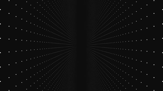 Abstract background made of array of points. Moving through abstract fractal point matrix lattice. Fly into geometric point structure. Abstract futuristic universe on dark background