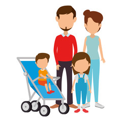 parents couple with babies in cart