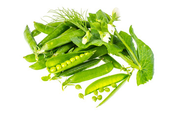 Pile of mature green peas pods, isolated on white background.