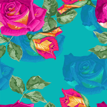 Roses seamless pattern on turqouise background,Vintage styles © umsure