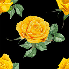 Yellow roses seamless pattern on black background