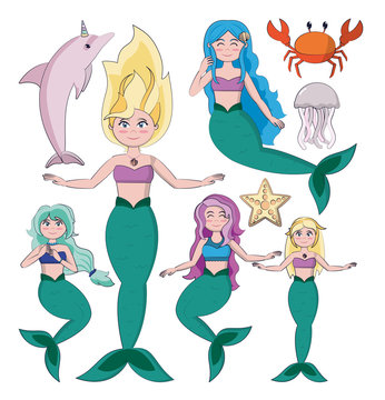 Set of mermaids cartoons