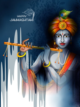Lord Krishna playing flute on Happy Janmashtami holiday Indian festival  greeting background Stock Vector | Adobe Stock