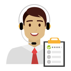 call center agent with headset and checklist