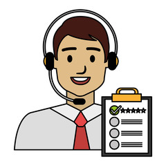 call center agent with headset and checklist