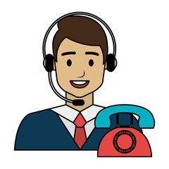 call center agent with headset and telephone