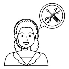 call center woman with speech bubble and tools