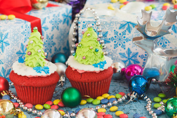 Christmas cupcakes with colored decorations