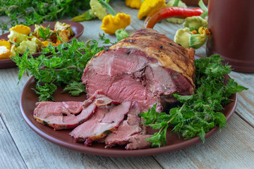 leg of lamb, homemade and a side of fresh vegetables