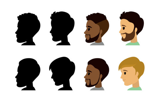 Set of cartoon male head in profile and silhouette